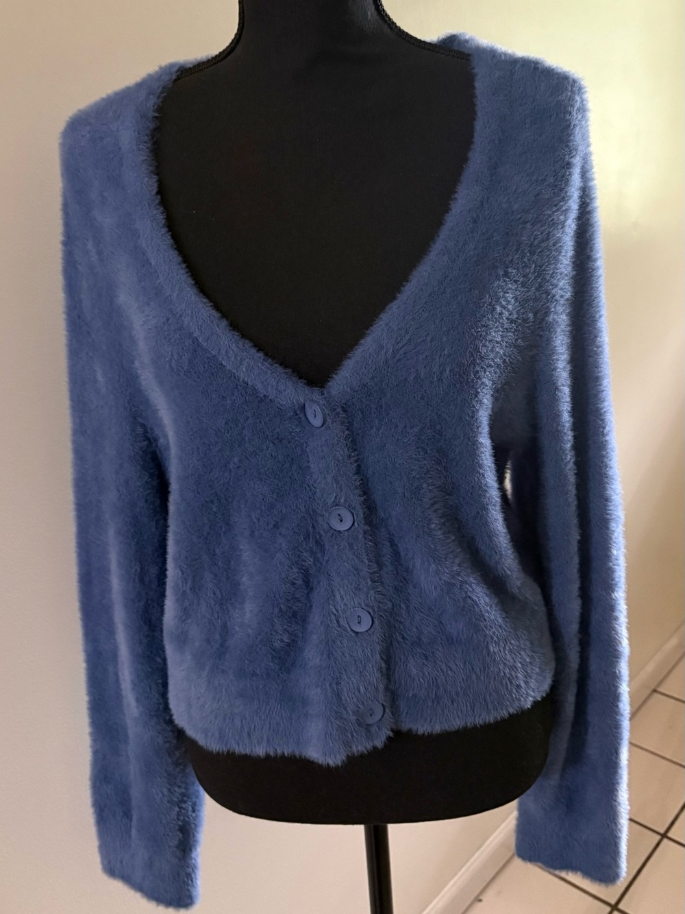 aerie Fuzzy V-Neck Cardigan in Dusty Blue